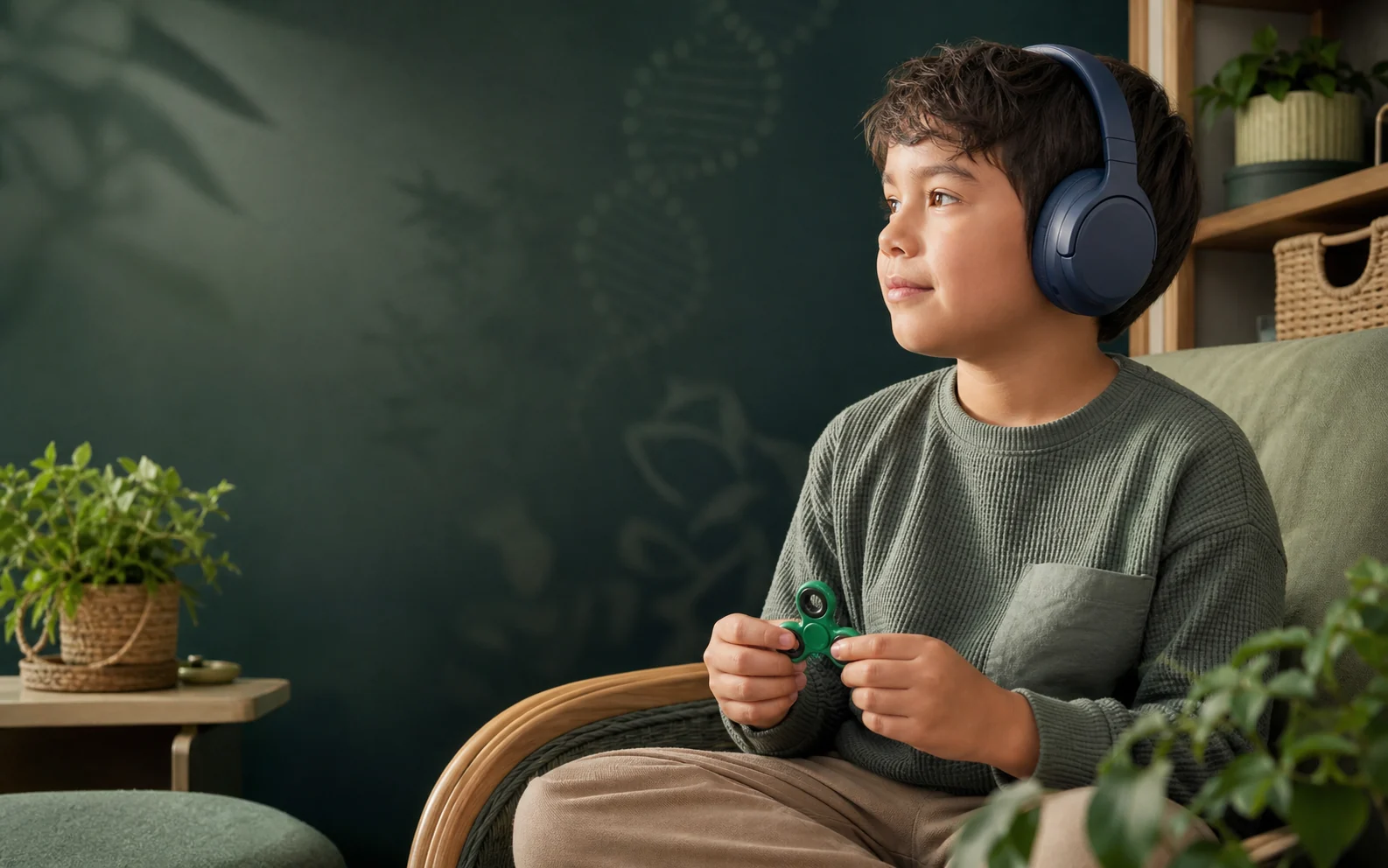 Niño en un ambiente sensorial tranquilo, con audífonos y un spinner en las manos